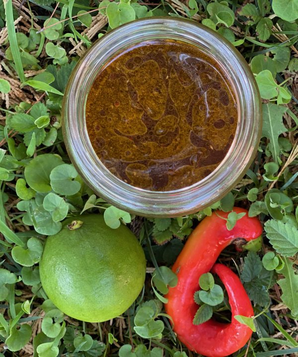 σος με σόγια, λάημ και τσίλι βαζάκι με σος σόγιας, τσίλι και λάημ στο γρασίδι